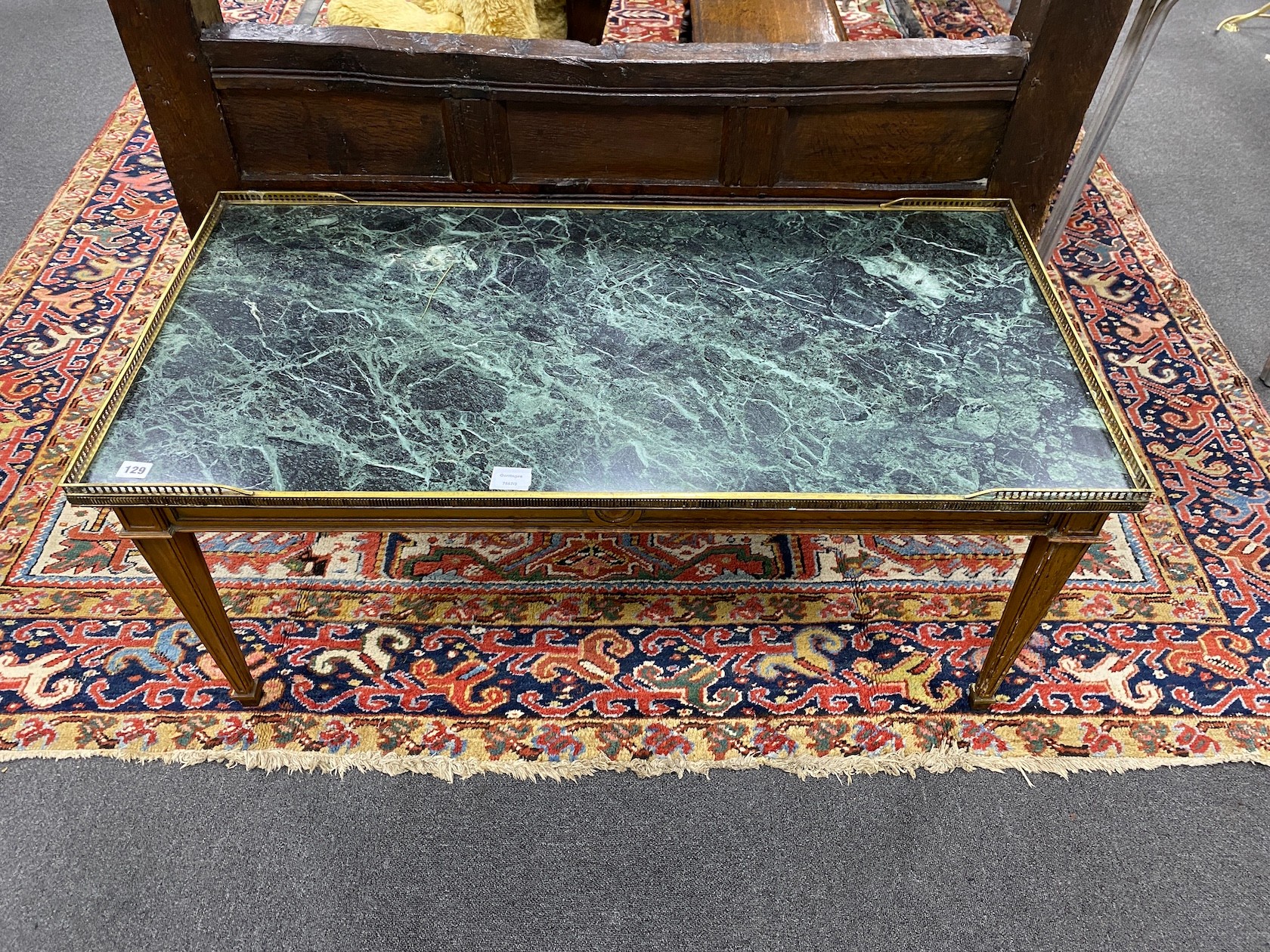 A Louis XVI style rectangular marble topped coffee table, length 110cm, depth 55cm, height 50cm